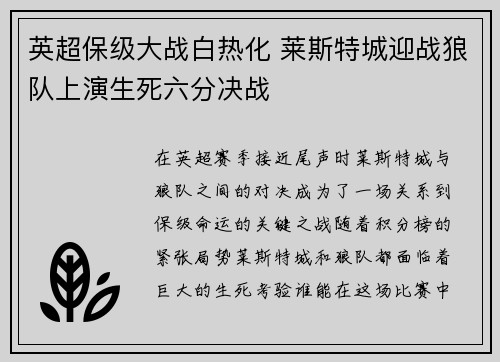 英超保级大战白热化 莱斯特城迎战狼队上演生死六分决战